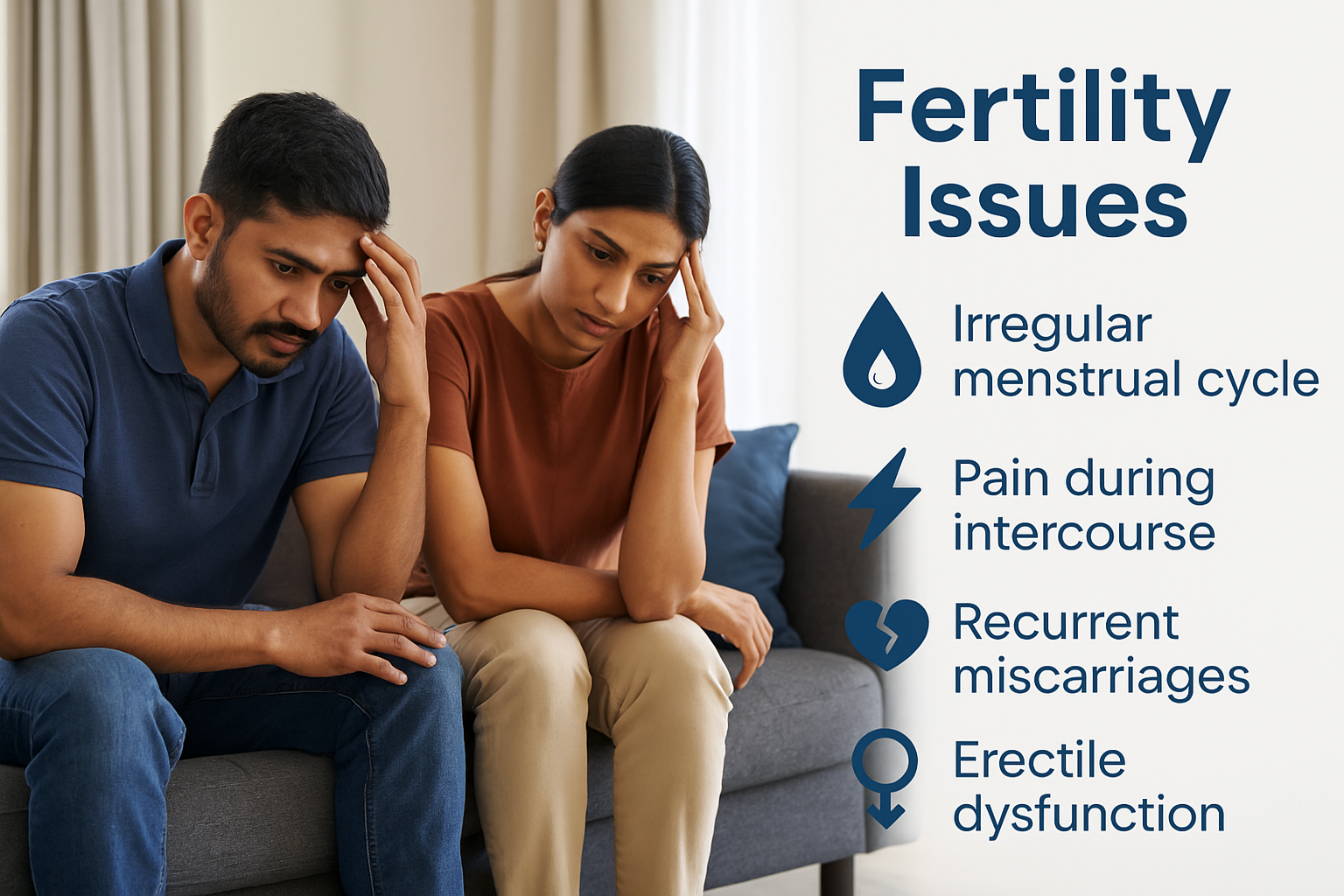 couple coping with emotional stress of fertility issues, shown alongside key symptoms like pain during intercourse and recurrent miscarriage