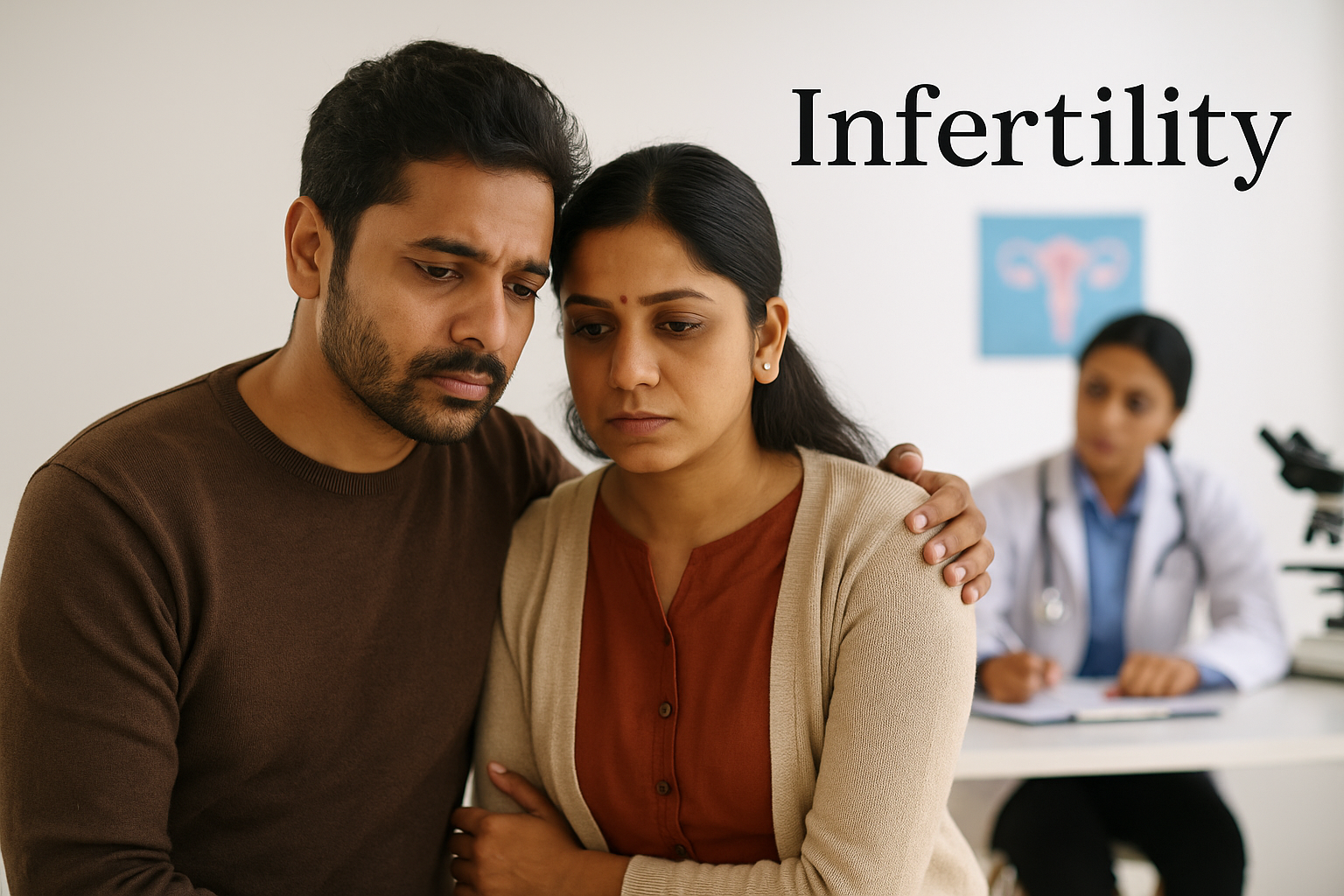 Concerned couple during infertility consultation at a medical clinic