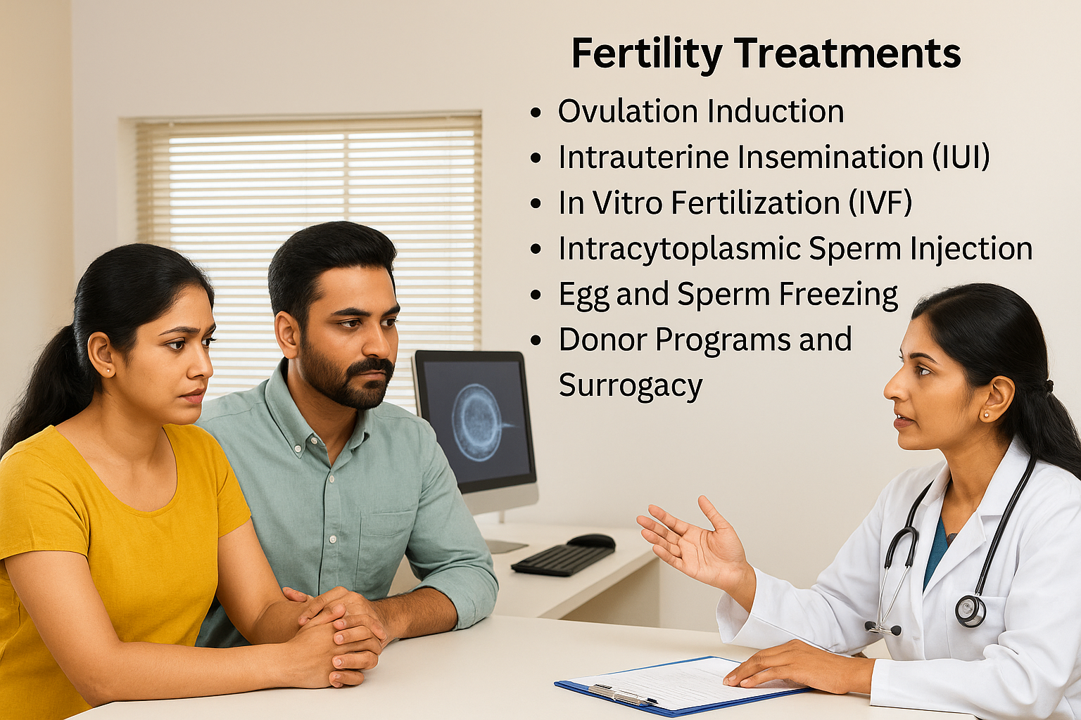 Fertility doctor explaining IVF and IUI treatments to a concerned couple in a clinic
